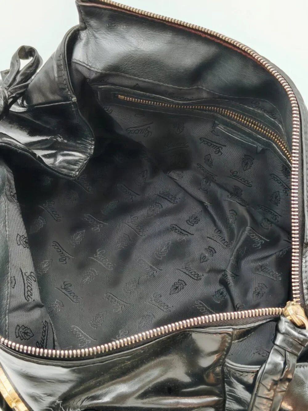 Gucci Hysteria Black Patent Leather Top Handle Bag Gold Crest Medallion
